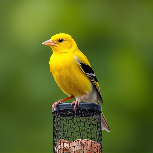Bright yellow finch perched on mesh tube