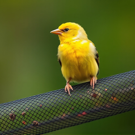 Bright yellow finch perched on mesh tube