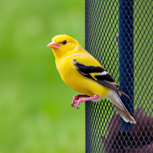 Bright yellow finch perched on mesh tube
