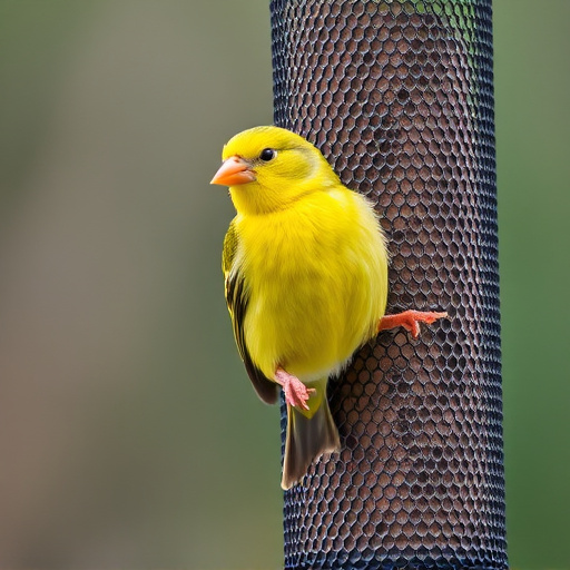 Bright yellow finch perched on mesh tube