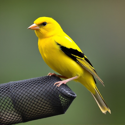 Bright yellow finch perched on mesh tube