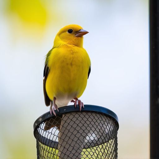 Bright yellow finch perched on mesh tube