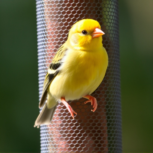 Bright yellow finch perched on mesh tube