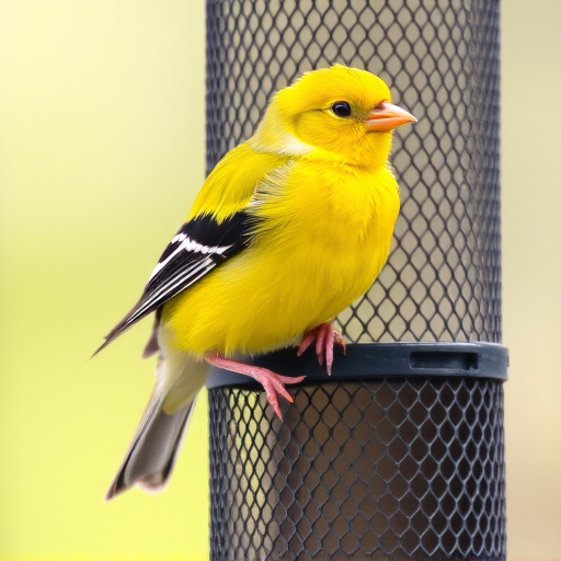 Bright yellow finch perched on mesh tube