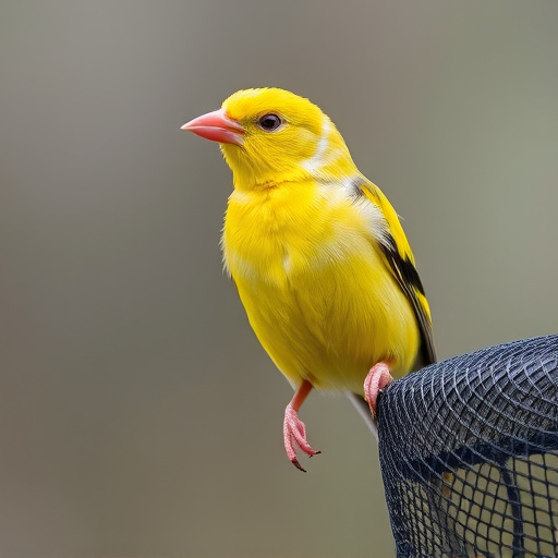 Bright yellow finch perched on mesh tube