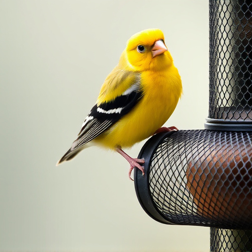 Bright yellow finch perched on mesh tube