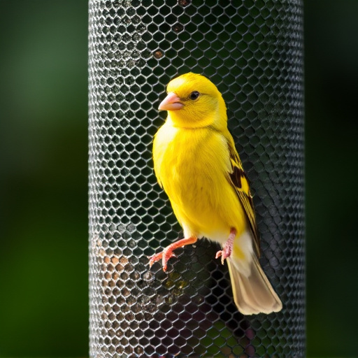 Bright yellow finch perched on mesh tube