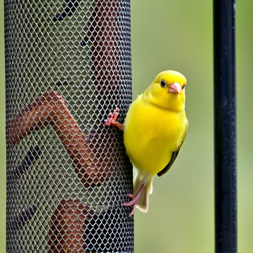 Bright yellow finch perched on mesh tube