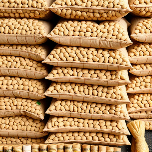 Bulk bags of peanuts stacked neatly