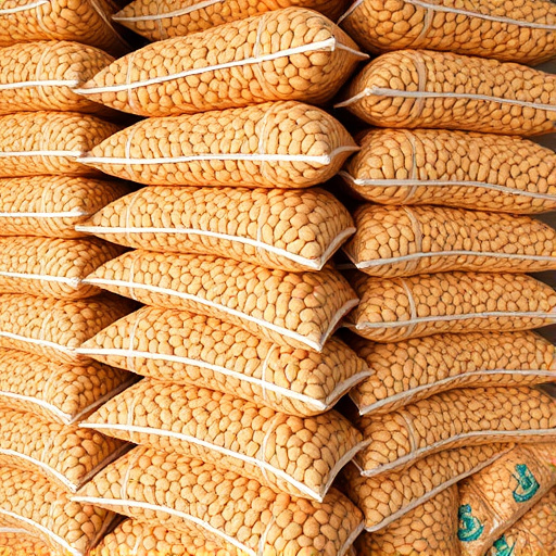 Bulk bags of peanuts stacked neatly