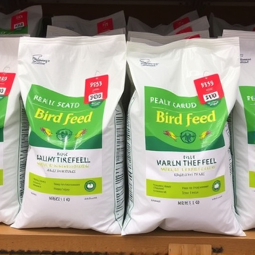 Bulk bird feed bags with price tags