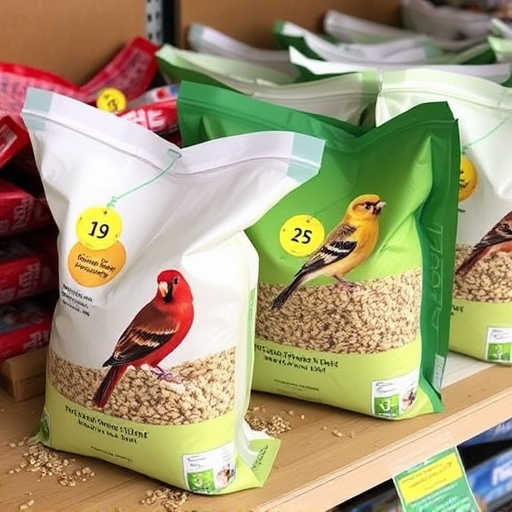 Bulk bird feed bags with price tags