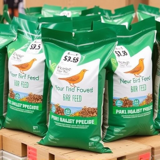Bulk bird feed bags with price tags