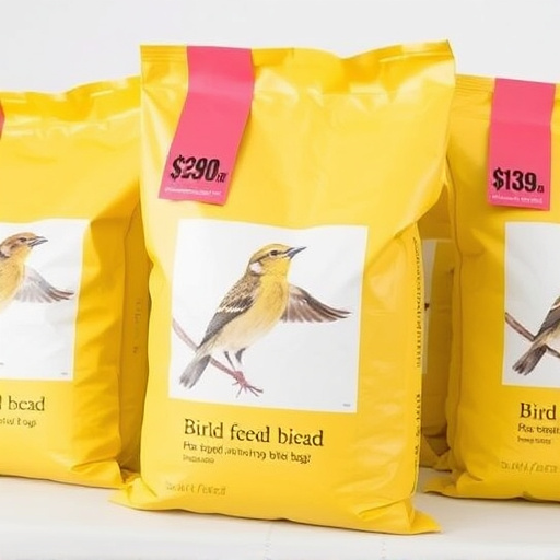 Bulk bird feed bags with price tags