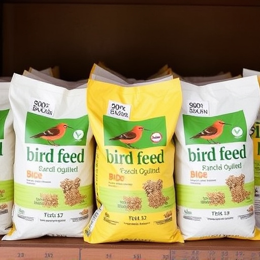 Bulk bird feed bags with price tags