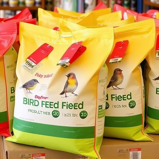Bulk bird feed bags with price tags