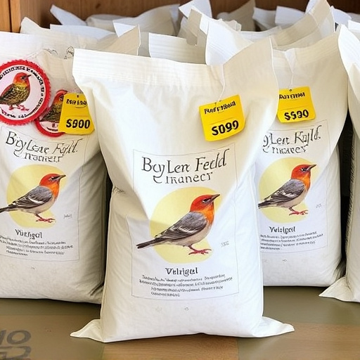 Bulk bird feed bags with price tags