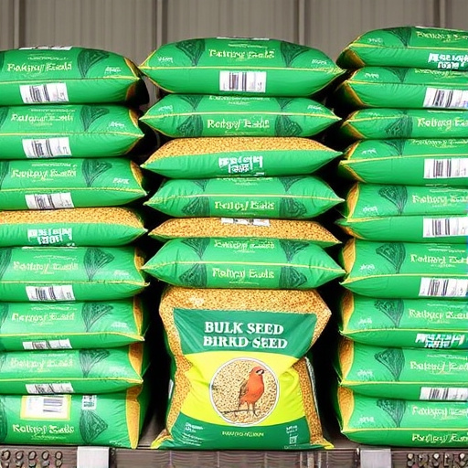 Bulk bird seed bags stacked neatly