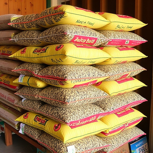 Bulk bird seed bags stacked neatly