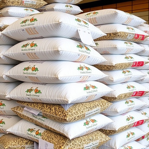 Bulk bird seed bags stacked neatly