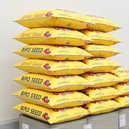Bulk bird seed bags stacked neatly