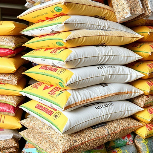 Bulk bird seed bags stacked neatly