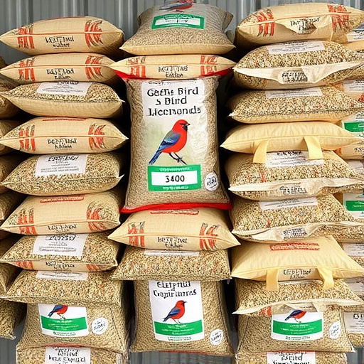 Bulk bird seed bags stacked neatly