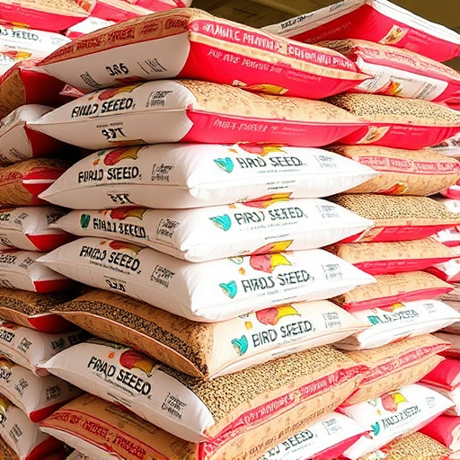 Bulk bird seed bags stacked neatly