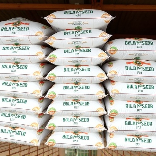 Bulk bird seed bags stacked neatly