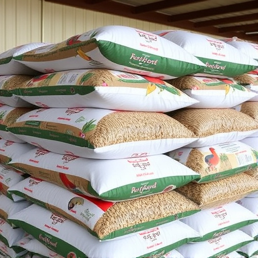 Bulk bird seed bags stacked neatly