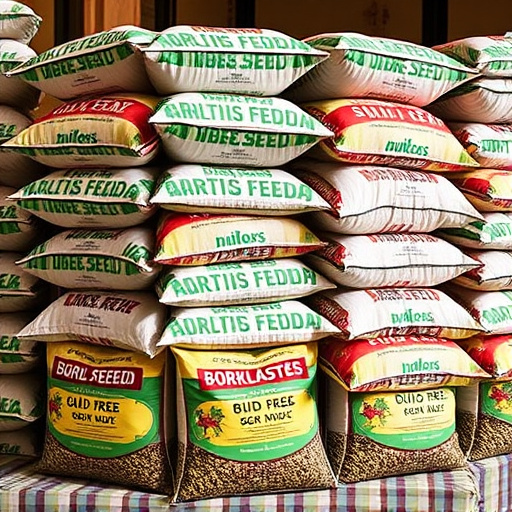 Bulk bird seed bags stacked neatly