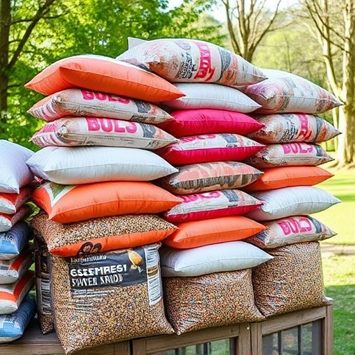 Bulk sacks of bird food stacked outdoors