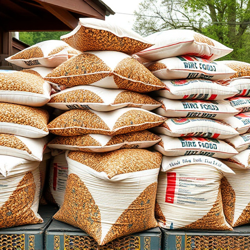 Bulk sacks of bird food stacked outdoors