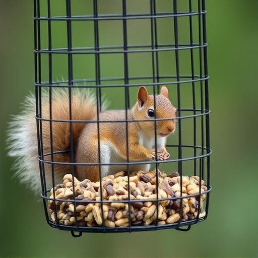 Caged feeder protecting seed from squirrel