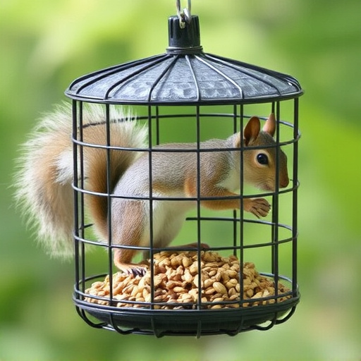 Caged feeder protecting seed from squirrel