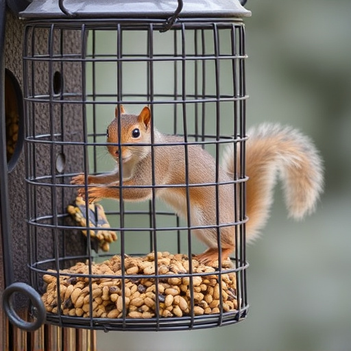 Caged feeder protecting seed from squirrel