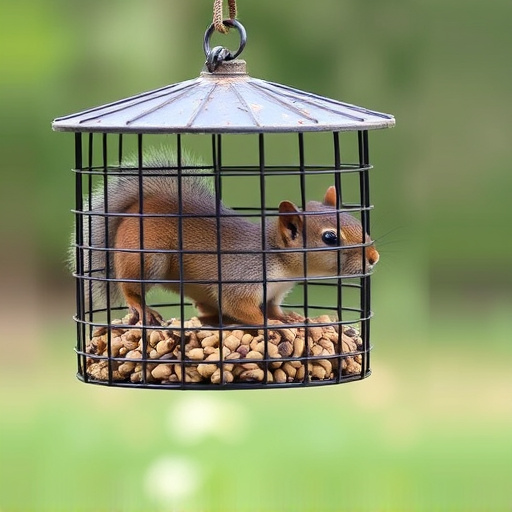 Caged feeder protecting seed from squirrel