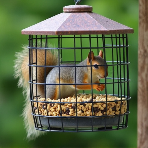 Caged feeder protecting seed from squirrel