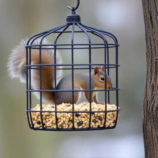 Caged feeder protecting seed from squirrel