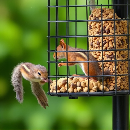 Caged feeder protecting seed from squirrel