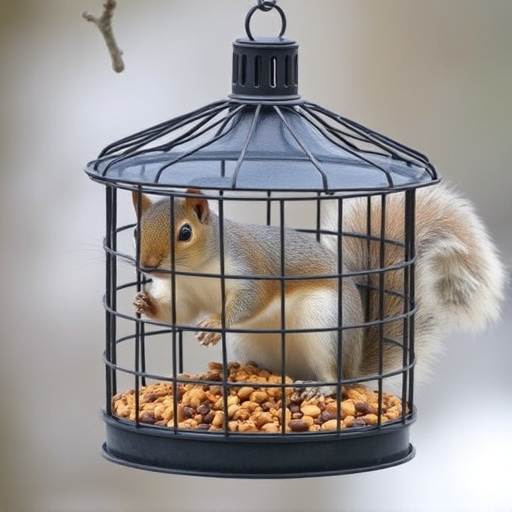 Caged feeder protecting seed from squirrel