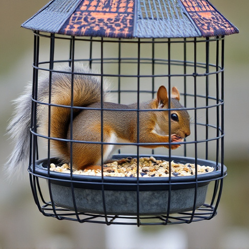 Caged feeder protecting seed from squirrel