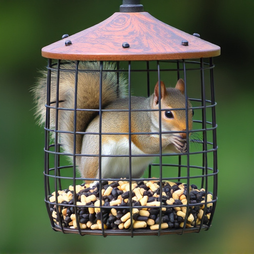 Caged feeder protecting seed from squirrel