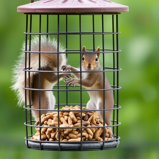 Caged feeder protecting seed from squirrel