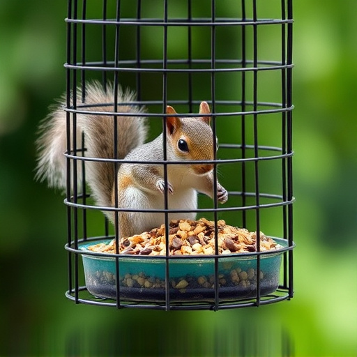 Caged feeder protecting seed from squirrel