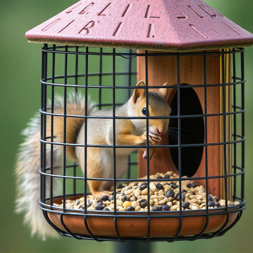 Caged feeder protecting seed from squirrel