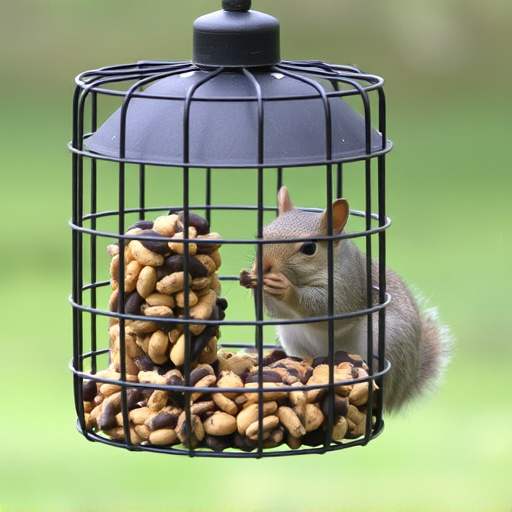 Caged feeder protecting seed from squirrel