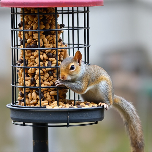 Caged feeder protecting seed from squirrel