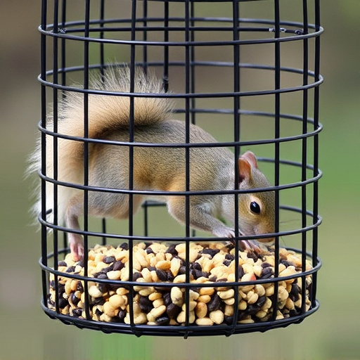 Caged feeder protecting seed from squirrel
