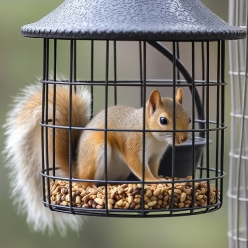 Caged feeder protecting seed from squirrel